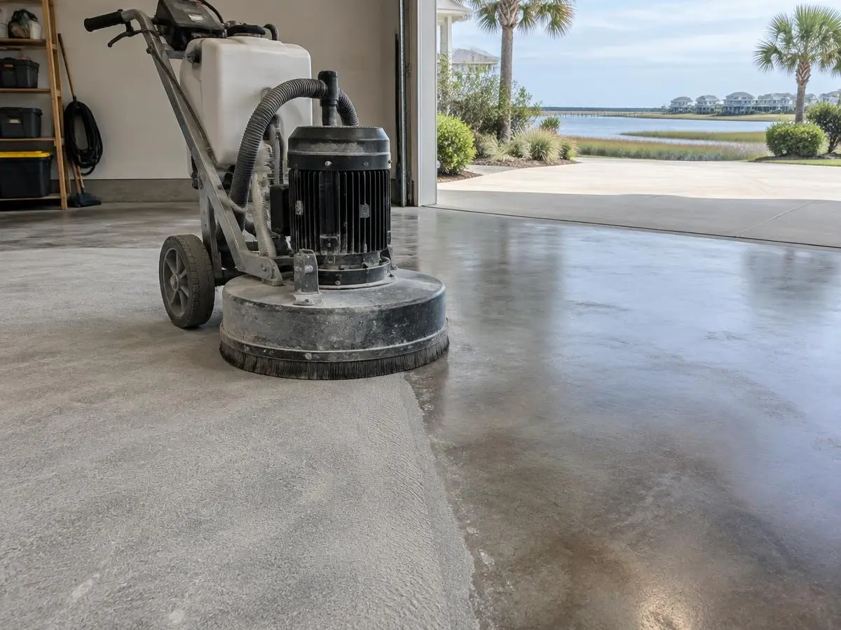 Diamond grinder on a bare concrete garage slab during epoxy floor installation in Myrtle Beach, SC