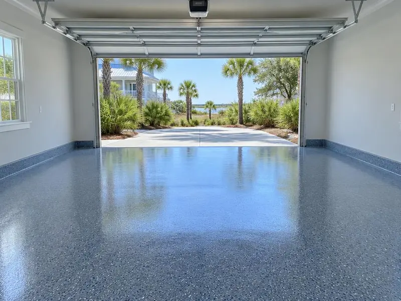 Garage Floor Coating in Myrtle Beach, SC: blue-gray flake epoxy floor in a two-car garage